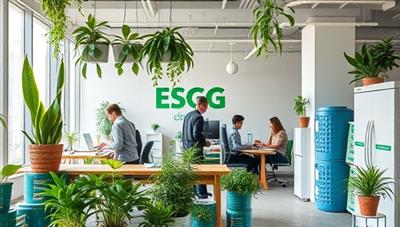 An eco-friendly office setting with employees engaging in sustainable practices, surrounded by plants, recycling bins, and energy-efficient appliances, reflecting a commitment to ESG principles and environmental stewardship.