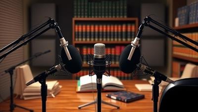 An artistic depiction of a podcast studio setup with microphones, soundproofing panels, and legal books in the background, symbolizing a professional recording environment for legal podcasts, showcasing the essence of legal discussions and insights in audio format.