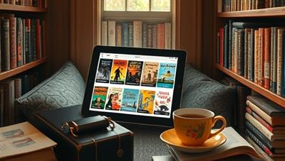 A cozy reading nook with a digital tablet displaying a selection of e-books in niche genres, surrounded by bookshelves filled with literary treasures and a steaming cup of tea, creating an inviting and immersive reading atmosphere emblematic of Bookish Niche's specialized e-book subscription service.