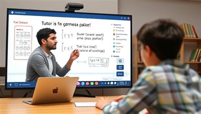 A virtual tutoring session scene showing a tutor explaining a complex math problem to a student via video call, with digital whiteboards and educational resources displayed on the screen, creating an interactive and engaging learning environment.