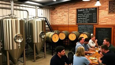 A rustic brewery setting with stainless steel brewing equipment, wooden barrels aging craft beers, a chalkboard displaying the latest beer offerings, and a group of customers enjoying flights of artisanal brews, creating a vibrant and welcoming beer-centric atmosphere.