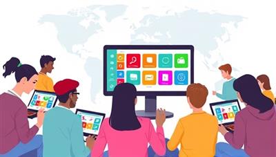 An engaging digital illustration of a diverse group of individuals using laptops and tablets, interacting with colorful language learning interfaces on the screen, symbolizing global connectivity and educational advancement.