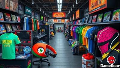 A vibrant visual of a diverse range of custom gaming merchandise, including personalized gaming apparel, accessories, and collectibles, displayed in a virtual marketplace setting, showcasing the creativity and customization options available on GameGear Creations.