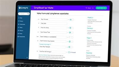 An interactive software interface displaying simplified tax forms, checkboxes, and notifications of compliance updates, creating a user-friendly and efficient tax compliance experience, synonymous with TaxComply Pro's subscription-based software solution.