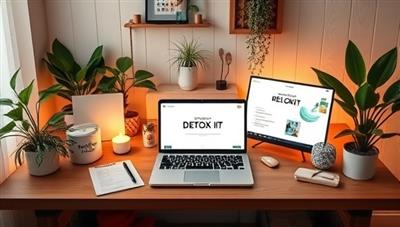 A serene and calming workspace setup with mindfulness tools, digital detox kits, and a laptop displaying a digital wellness program, surrounded by plants and relaxation items, creating a peaceful and balanced atmosphere.