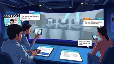 A dynamic digital illustration depicting users interacting with a virtual movie scene, making choices that affect the storyline, with cinematic visuals and interactive prompts, showcasing the immersive and engaging nature of the interactive movie experience.