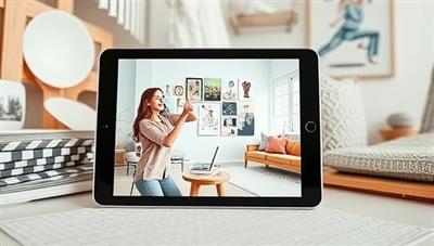 A virtual interior design studio setting displayed on a tablet screen, showcasing a professional designer presenting mood boards, color palettes, and decor suggestions to a client, surrounded by design samples and inspirational images, creating a stylish and creative atmosphere for virtual design consultations.