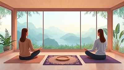 A virtual mindfulness retreat illustration featuring participants engaging in meditation and relaxation exercises in a tranquil digital environment, surrounded by calming nature visuals, serene music, and virtual wellness resources, promoting a peaceful and rejuvenating virtual retreat experience for stress relief.