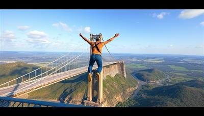 An exhilarating image of a bungee jumper leaping off a towering bridge, captured mid-air with a picturesque landscape in the background, conveying the spirit of adventure and excitement.