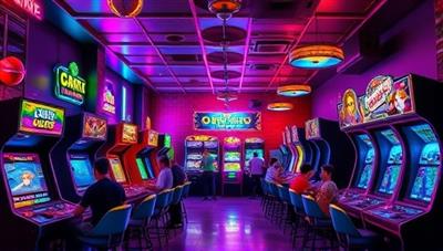 An inviting arcade lounge with neon lights, colorful retro gaming machines, and players enjoying friendly competition, evoking a vibrant and nostalgic gaming atmosphere.