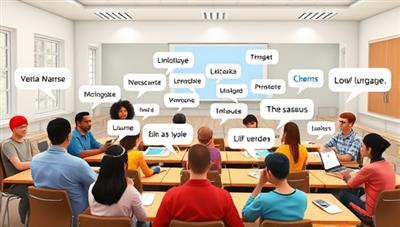 A vibrant virtual classroom setting with diverse avatars engaging in language conversations, with speech bubbles displaying phrases in different languages, creating a dynamic and interactive learning environment.