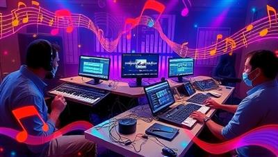 An artistic representation of a virtual music production workshop with participants experimenting with digital audio interfaces, MIDI controllers, and musical instruments, surrounded by colorful sound waves and music notes, conveying a creative and dynamic atmosphere.
