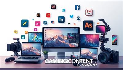 An artistic image showcasing a variety of gaming content creation elements, including video editing software, graphic design tools, social media platforms, and streaming equipment, arranged in a visually appealing and creative composition that conveys the essence of professional content creation services.