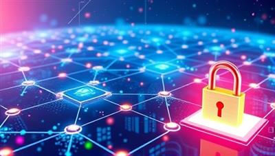 A futuristic digital landscape with interconnected blocks representing blockchain technology, financial data flowing securely between nodes, and a digital lock symbolizing data protection and audit assurance.