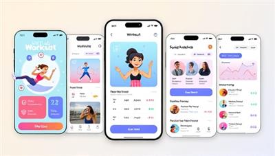 An interactive fitness app interface featuring virtual workout challenges, progress tracking, and social leaderboards, encouraging users to stay active and connected through gamified fitness activities, creating a vibrant and engaging fitness community.