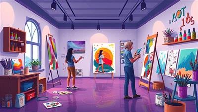 An artistic digital illustration of a virtual art studio filled with colorful art supplies, soothing ambiance, and participants engaging in expressive art-making activities, symbolizing a journey of healing and self-discovery through creativity.