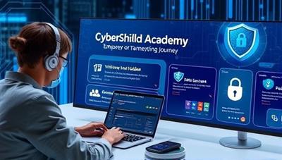 An educational cybersecurity scene featuring a user navigating the CyberShield Academy platform, exploring virtual modules on phishing scams, data encryption, and password security, with a digital mentor guiding the learning journey, emphasizing the empowering and informative aspects of the cybersecurity training platform.