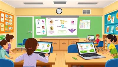 A vibrant digital classroom setting with animated characters engaging in language learning activities on tablets and laptops, showcasing a fun and interactive approach to learning.