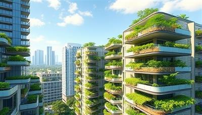 An architectural rendering of a futuristic urban building with integrated vertical farming structures by SkyVeg Estates, showcasing lush green gardens on balconies, rooftops, and building facades, blending modern living spaces with sustainable agriculture in a harmonious urban environment.