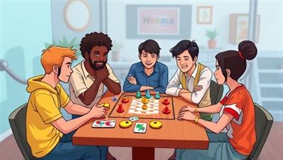 An animated scene depicting a group of diverse avatars sitting around a virtual table, engaged in a lively board game session with colorful game pieces and cards, conveying a sense of camaraderie and fun.
