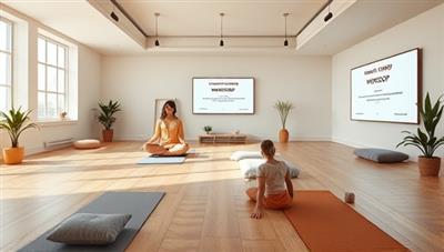 A serene virtual wellness studio setting with yoga mats, meditation cushions, fitness equipment, and digital screens displaying upcoming workshop schedules, evoking a sense of tranquility and holistic well-being.