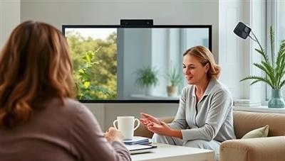 An empathetic virtual support session, featuring a mental wellness coach providing guidance and support to a client through a video call, with calming visual elements like nature scenes and soothing colors, promoting a sense of emotional well-being and connection.