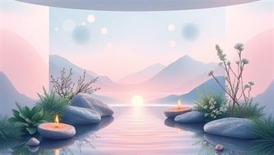 An emotionally engaging digital artwork featuring a serene virtual oasis with calming nature elements, soothing colors, and mindfulness symbols, evoking a sense of peace and tranquility for mental wellness seekers.