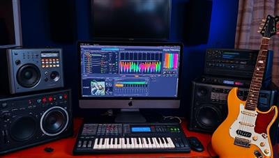 An online music production studio setup with a computer screen displaying music software interfaces, MIDI controllers, audio equipment, and musical instruments, creating an inspiring and immersive environment for music production education.