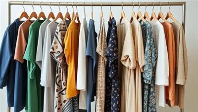 An array of stylish and sustainable fashion pieces displayed on a clothing rack, showcasing the diverse selection of eco-friendly clothing and accessories available for rent through the EcoChic Wardrobe subscription service, symbolizing the blend of fashion and sustainability in a visually appealing manner.