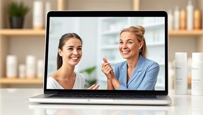 A laptop screen displaying a virtual skincare consultation with a smiling client receiving advice from a skincare expert, with shelves of skincare products in the background, conveying a personalized and professional service.