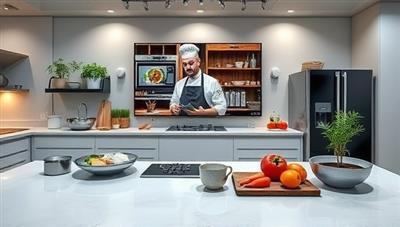 A professional kitchen setup with digital cooking stations, utensils, and ingredients displayed on a sleek countertop, with a digital chef instructor demonstrating cooking techniques on a large screen, creating an immersive and educational culinary experience for online participants.