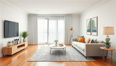 A digital rendering of a vacant living room transformed into a stylish, modern space with virtual furniture, art pieces, and decor, highlighting the potential of virtual staging to enhance property appeal.