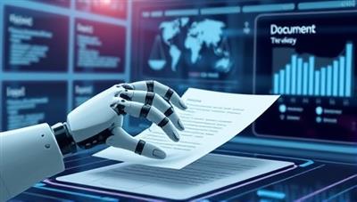 An illustration of a virtual robot hand crafting legal documents on a digital interface, symbolizing efficiency and modern automation in the legal document creation process.