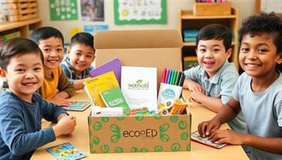 A colorful and eco-friendly school supply subscription box filled with reusable notebooks, plant-based pens, recycled paper, and educational games, surrounded by happy students and teachers using the supplies in a classroom setting, promoting sustainability and creativity through EcoEd Essentials.