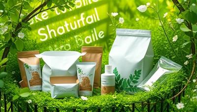 An artistic representation of biodegradable packaging materials in a lush green environment, symbolizing sustainability and nature-friendly practices.