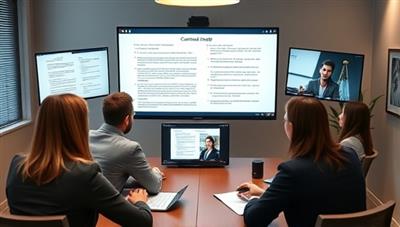 An image of a virtual legal team collaborating on document reviews, with screens displaying contract clauses, legal terms, and a conference call in progress, conveying professionalism and expertise in legal services.