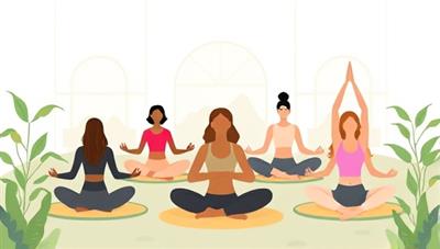 An inspiring digital illustration featuring a diverse group of individuals practicing yoga, meditation, and mindfulness in a virtual wellness coaching session, surrounded by natural elements and calming colors, creating a serene and welcoming atmosphere for well-being.
