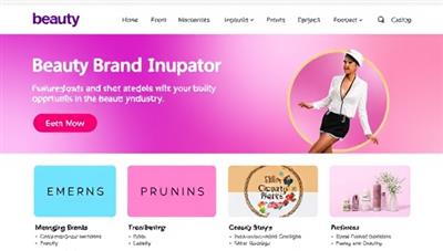 An online beauty brand incubator platform interface showcasing featured emerging brands, mentorship programs, and success stories, with vibrant brand logos and product images, conveying innovation and growth opportunities in the beauty industry.