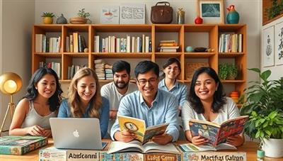 A diverse group of individuals engaged in a virtual language learning session, with interactive tools, language textbooks, and cultural props surrounding them, creating a dynamic and engaging learning environment.