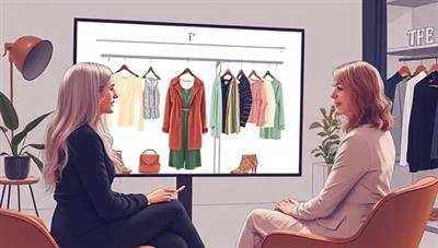 An artistic representation of a virtual styling consultation, featuring a stylist showcasing clothing options on a digital wardrobe screen, discussing outfit combinations with a subscriber in a stylish and interactive virtual setting, conveying fashion expertise and personalization.