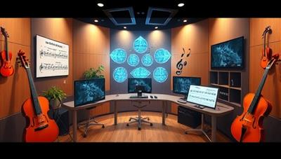 An immersive digital music studio within HarmonyHub, featuring virtual instruments, musical notes, and interactive lessons, creating a visually captivating and engaging environment for music theory exploration and learning.