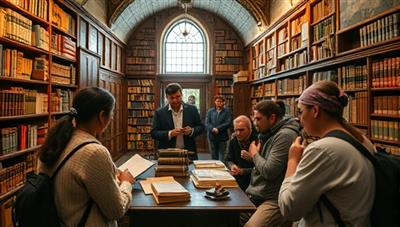 An immersive historical tour scene with participants exploring a vintage library or literary archive, surrounded by old manuscripts and artifacts, engaging in a writing session inspired by the historical setting, blending travel, culture, and storytelling in a captivating experience.
