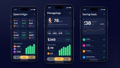 An interactive app interface displaying personalized budgeting insights, spending categories, and savings goals tailored to the user's financial profile, showcasing the app's AI capabilities and user-centric design.