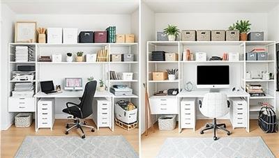 A virtual home office setup transformed from cluttered to organized, showcasing neatly arranged shelves, labeled storage bins, and a minimalist desk, creating a visually appealing and functional workspace, representing the transformation achieved through virtual home organization consultations.