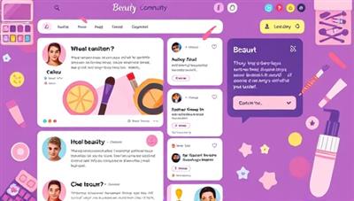 An online beauty community interface showcasing a vibrant forum with beauty discussions, product recommendations, and user interactions, accompanied by colorful beauty icons and illustrations, creating a welcoming and engaging digital beauty hub for enthusiasts to connect and share their passion.