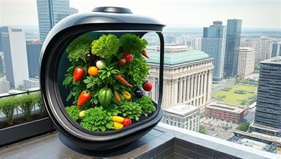 An artistic rendering of a sleek, futuristic vertical farming pod on a city rooftop, showcasing a variety of vibrant vegetables and herbs growing vertically, with a backdrop of skyscrapers and green spaces.