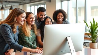 A diverse group of smiling individuals of different ages and professions collaborating around a computer screen, creatively designing a website together in a modern and inviting workspace.