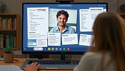 An engaging visual of a virtual language lesson taking place between a tutor and a student via video call, with language notes, cultural references, and interactive language exercises displayed on the screen, fostering a dynamic and immersive learning environment.