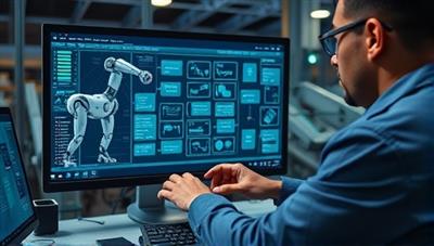 A digital automation specialist configuring an automated workflow process on a computer screen, with robotic arms symbolizing efficiency and speed in business operations, creating a futuristic and tech-savvy automation concept.