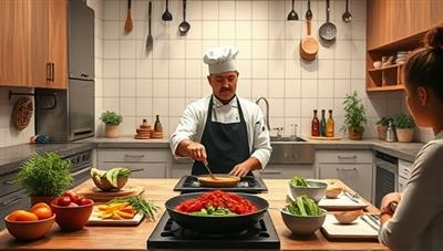 An immersive virtual cooking studio setup with a professional chef demonstrating a culinary technique, surrounded by fresh ingredients, kitchen utensils, and cooking equipment, while participants follow along from their home kitchens, creating a culinary experience that blends education, entertainment, and gastronomic delight.
